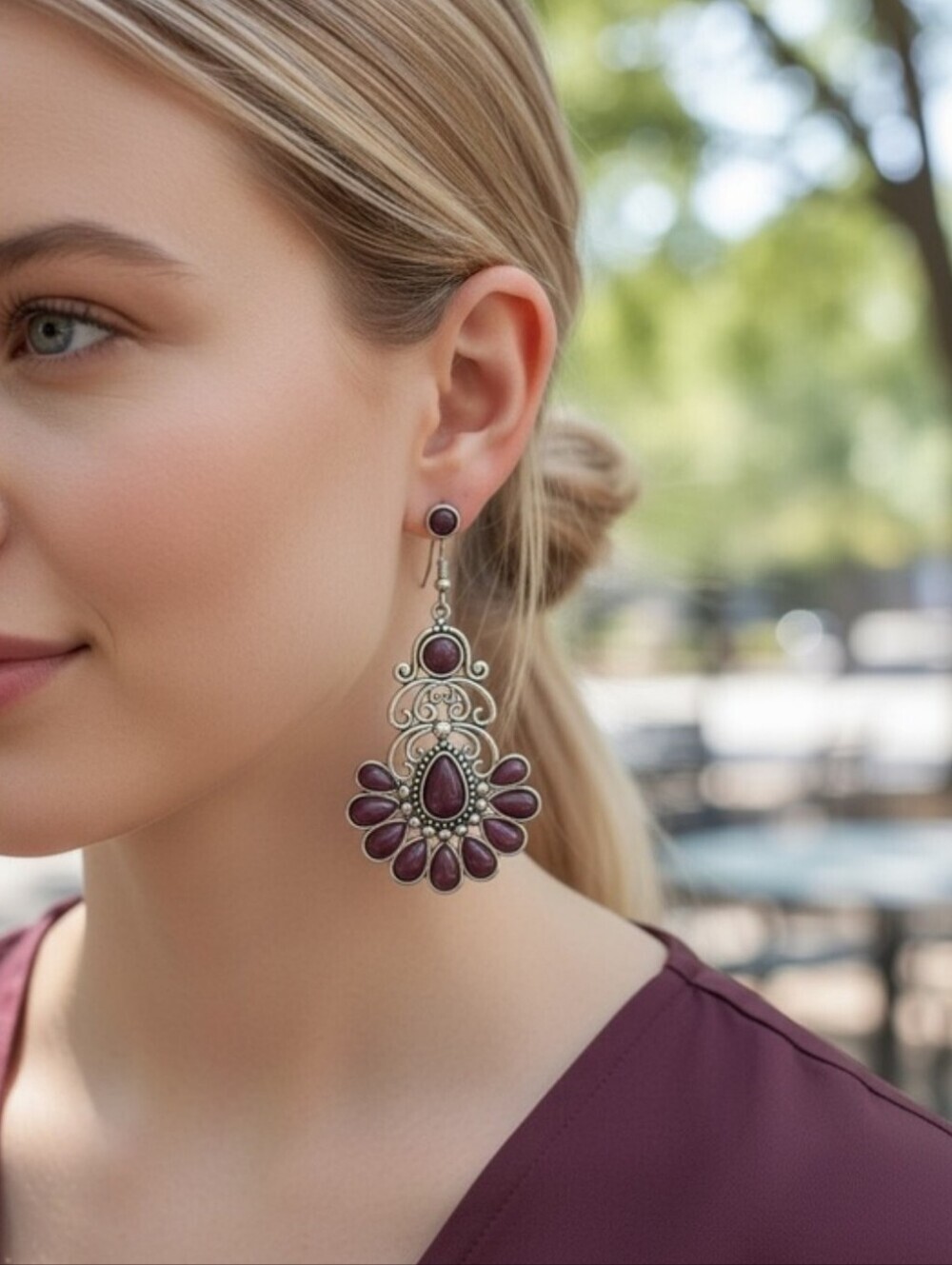 Elegant Purple Teardrop Filigree Dangle Earrings - Women Jewelry